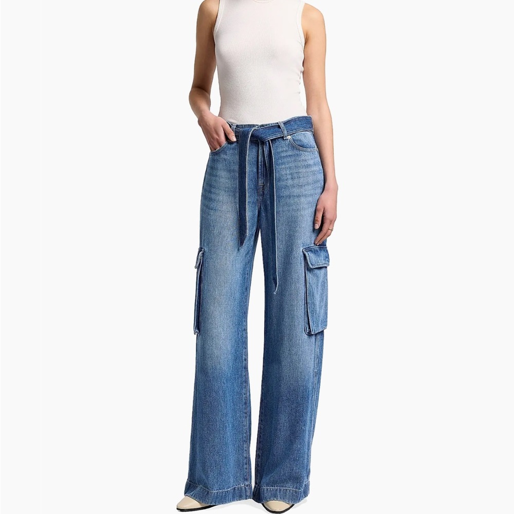 7 For All Mankind Denim Tie-Waist Cargo Palazzo Jeans - Picture 2 of 7